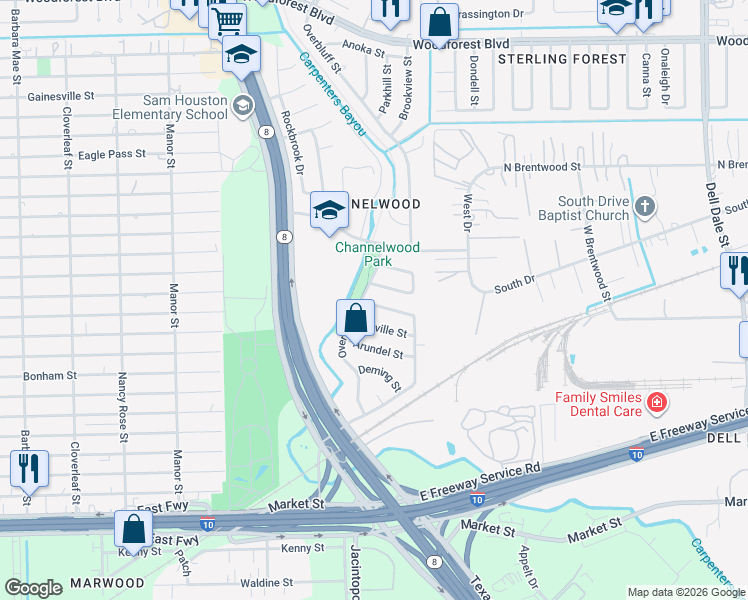 map of restaurants, bars, coffee shops, grocery stores, and more near 14914 Lawther Street in Channelview