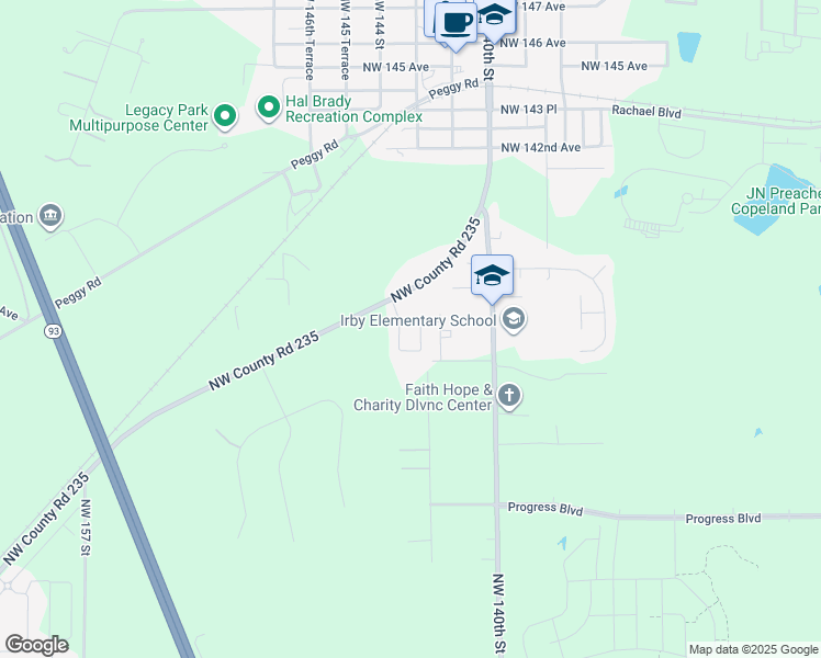 map of restaurants, bars, coffee shops, grocery stores, and more near 13605 Northwest County Road 235 in Alachua