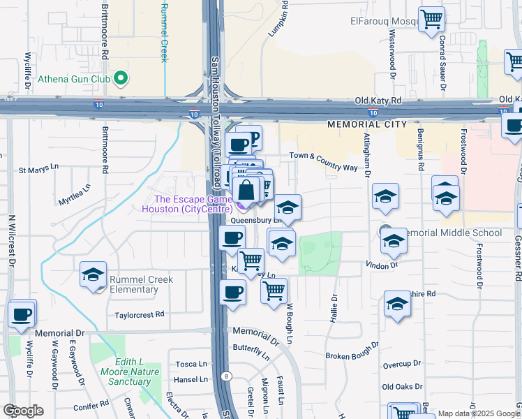 map of restaurants, bars, coffee shops, grocery stores, and more near 796 Town and Country Boulevard in Houston