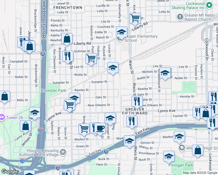 map of restaurants, bars, coffee shops, grocery stores, and more near 1908 Worms Street in Houston