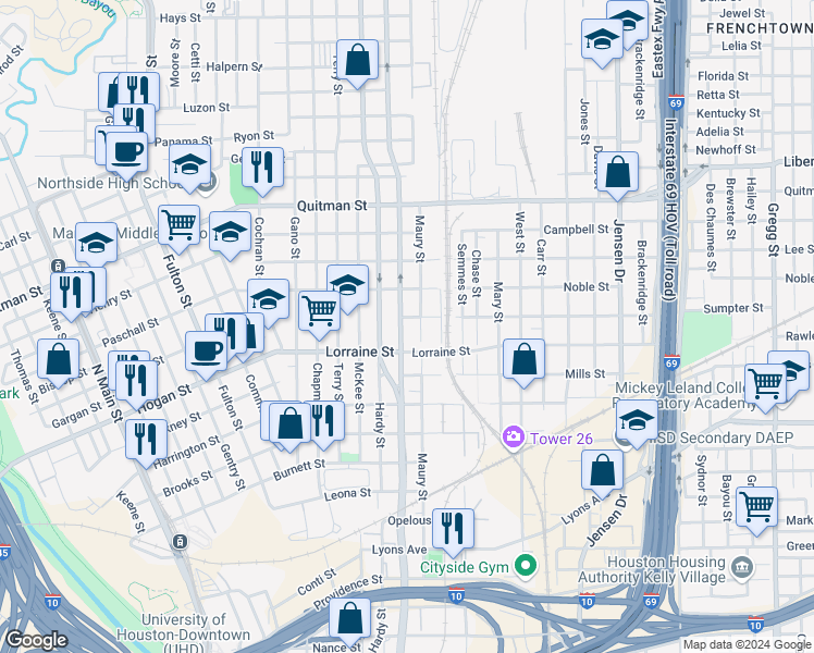 map of restaurants, bars, coffee shops, grocery stores, and more near 1924 Elysian Street in Houston