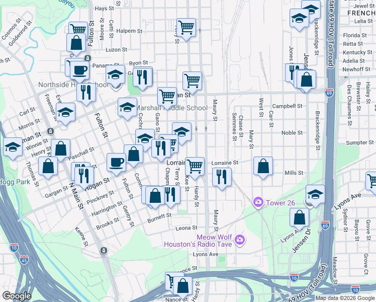 map of restaurants, bars, coffee shops, grocery stores, and more near 2004 McKee Street in Houston