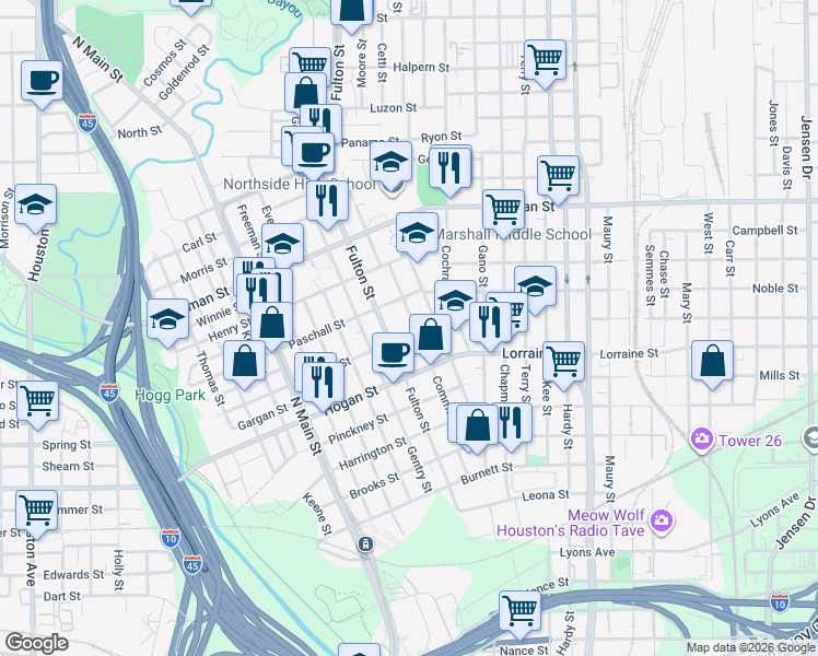 map of restaurants, bars, coffee shops, grocery stores, and more near 1109 James in Houston