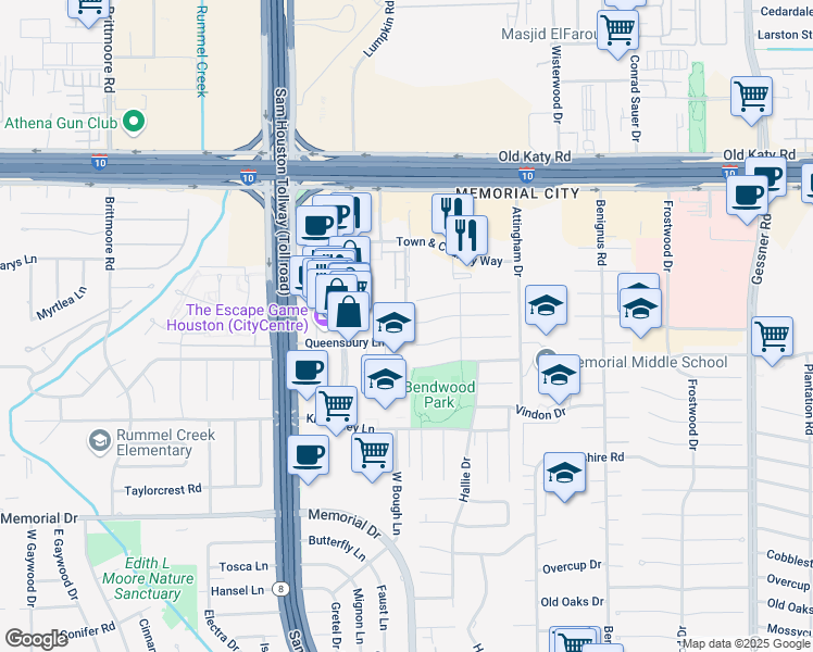 map of restaurants, bars, coffee shops, grocery stores, and more near 12726 Rocky Meadow Drive in Houston