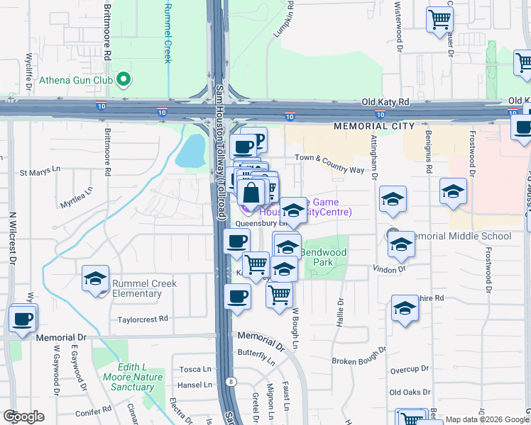 map of restaurants, bars, coffee shops, grocery stores, and more near 796 Town and Country Boulevard in Houston