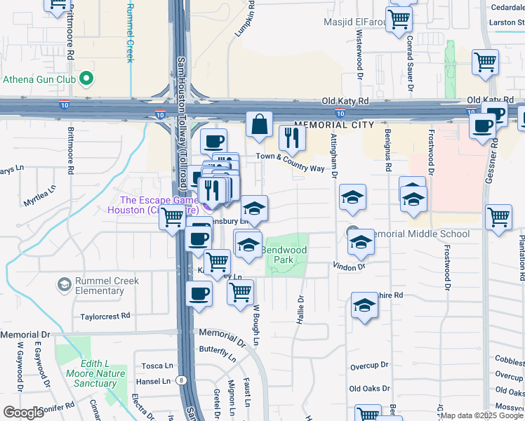map of restaurants, bars, coffee shops, grocery stores, and more near 801 Town and Country Boulevard in Houston