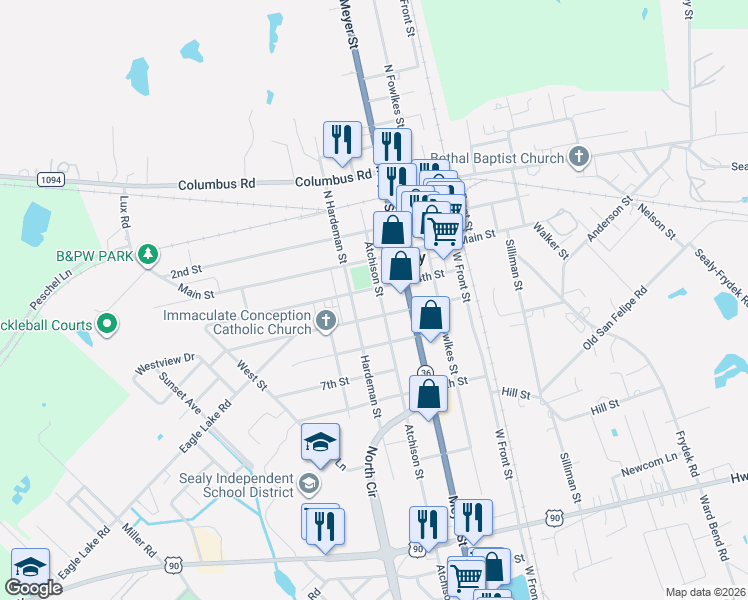map of restaurants, bars, coffee shops, grocery stores, and more near 416 4th Street in Sealy