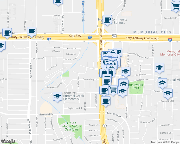map of restaurants, bars, coffee shops, grocery stores, and more near 12969A Trail Hollow Drive in Houston