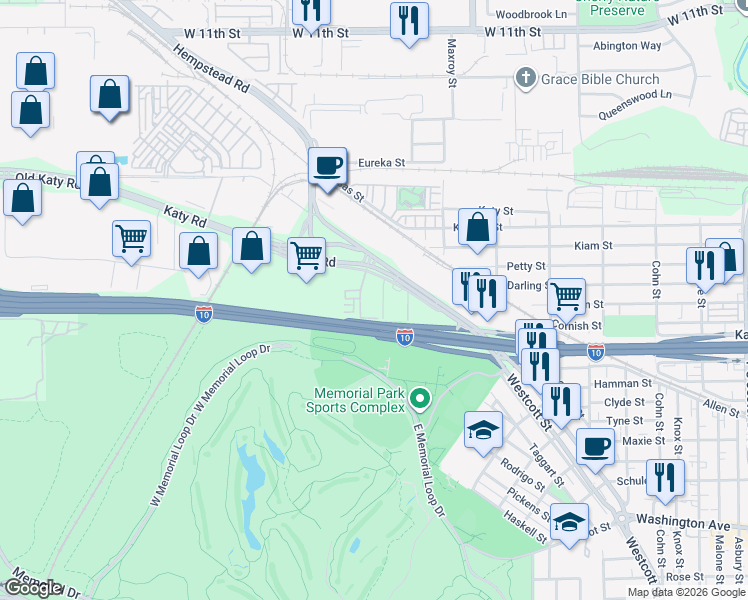 map of restaurants, bars, coffee shops, grocery stores, and more near 7655 Washington Avenue in Houston