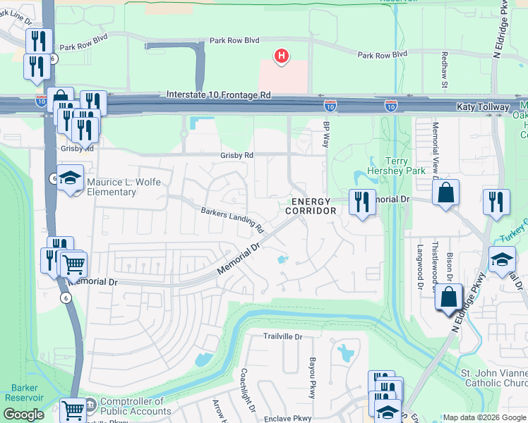 map of restaurants, bars, coffee shops, grocery stores, and more near 425 East Fair Harbor Lane in Houston