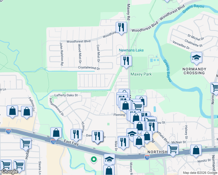 map of restaurants, bars, coffee shops, grocery stores, and more near Royal Dr in Houston