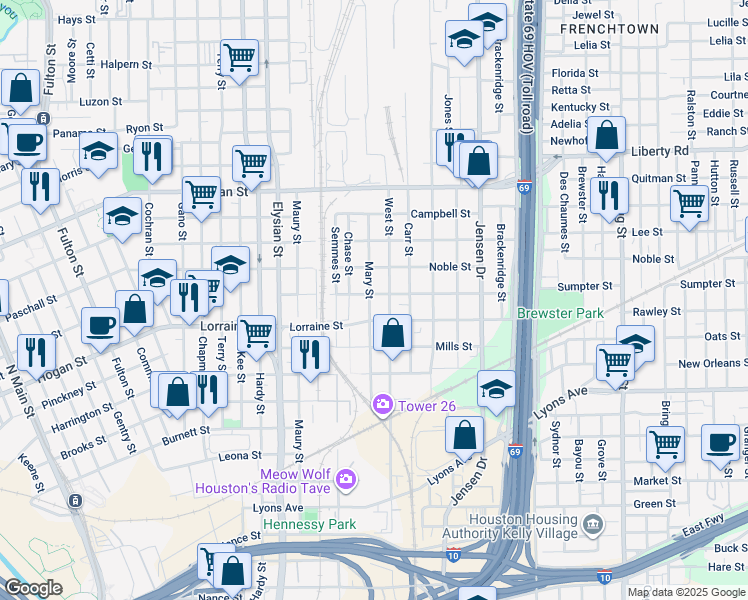 map of restaurants, bars, coffee shops, grocery stores, and more near 1921 West Street in Houston