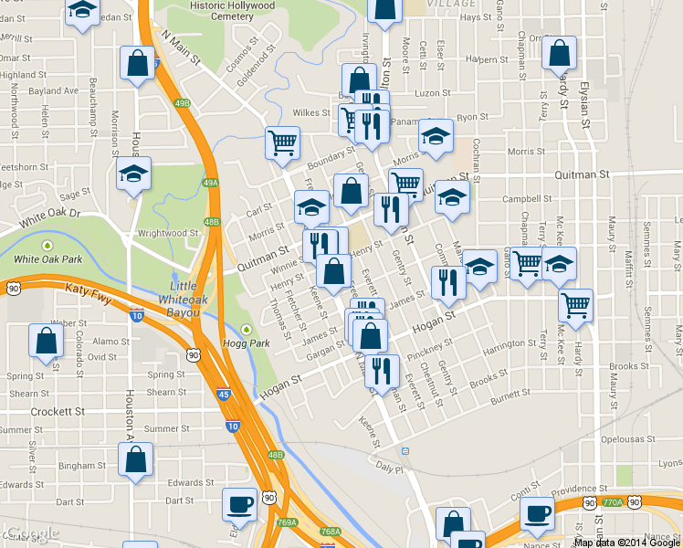 map of restaurants, bars, coffee shops, grocery stores, and more near 2119 Freeman Street in Houston