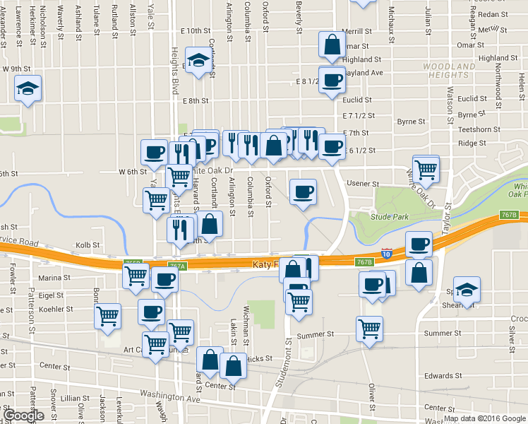 map of restaurants, bars, coffee shops, grocery stores, and more near 448 Columbia Street in Houston