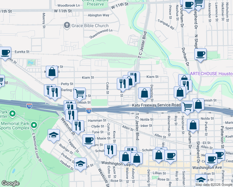 map of restaurants, bars, coffee shops, grocery stores, and more near 5521 Darling Street in Houston