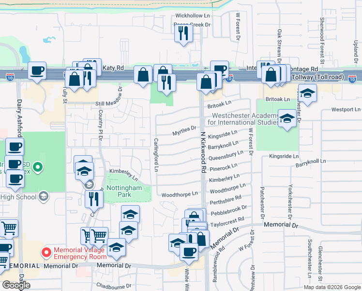 map of restaurants, bars, coffee shops, grocery stores, and more near 14031 Kingsride Lane in Houston