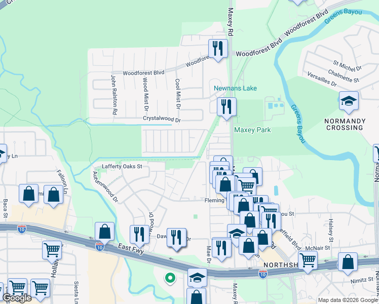 map of restaurants, bars, coffee shops, grocery stores, and more near Royal Drive in Houston