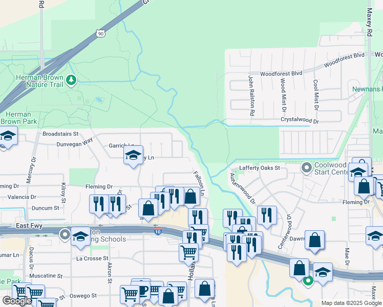 map of restaurants, bars, coffee shops, grocery stores, and more near 551 Falloon Ln in Houston