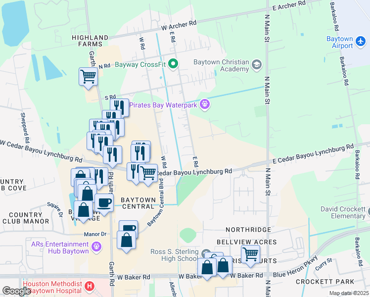 map of restaurants, bars, coffee shops, grocery stores, and more near 5103 East Road in Baytown