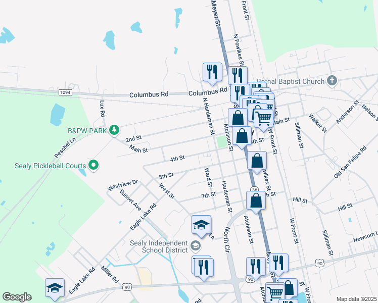 map of restaurants, bars, coffee shops, grocery stores, and more near 705 4th Street in Sealy