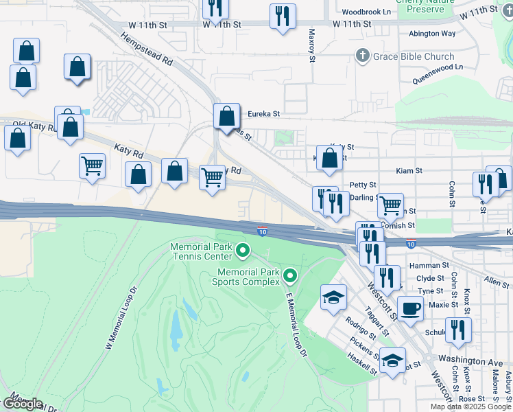 map of restaurants, bars, coffee shops, grocery stores, and more near 7655 Washington Avenue in Houston
