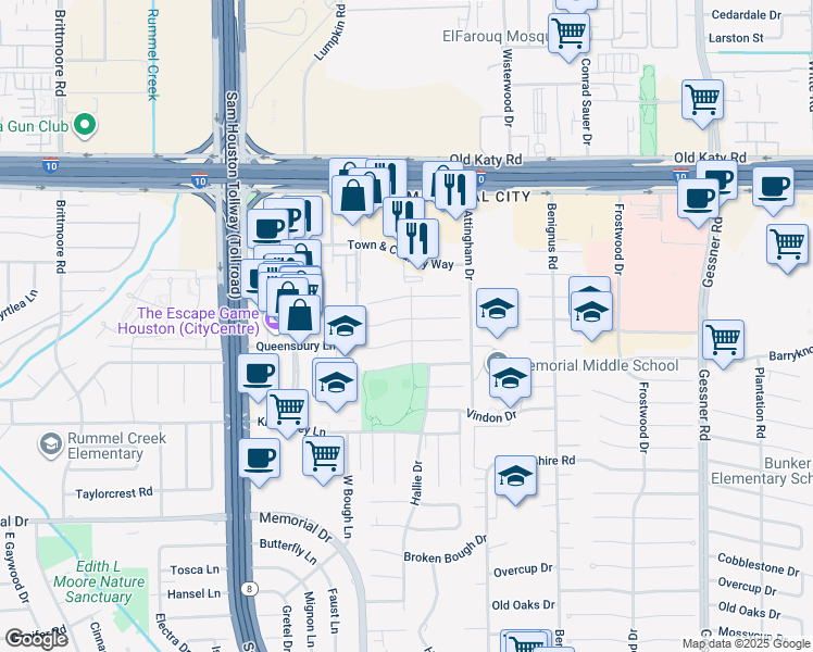 map of restaurants, bars, coffee shops, grocery stores, and more near 12703 Rocky Meadow Drive in Houston