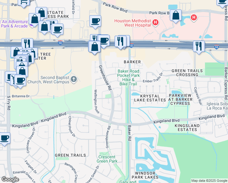 map of restaurants, bars, coffee shops, grocery stores, and more near 19119 Packerton Court in Houston