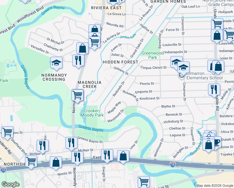 map of restaurants, bars, coffee shops, grocery stores, and more near 909 Redondo Drive in Houston