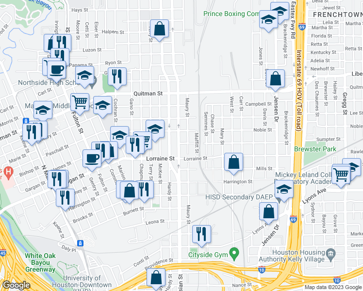 map of restaurants, bars, coffee shops, grocery stores, and more near 1924 Elysian St in Houston