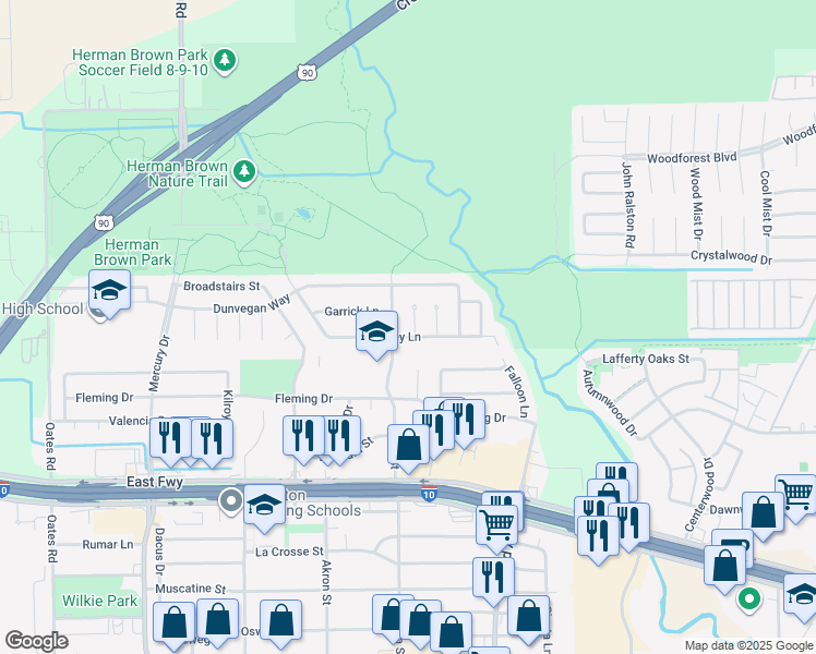 map of restaurants, bars, coffee shops, grocery stores, and more near 522 Wild Wind Lane in Houston