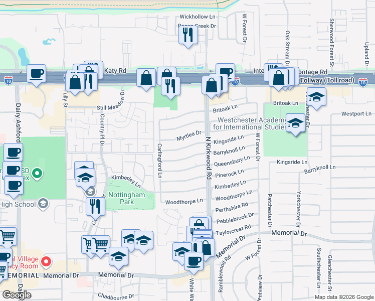 map of restaurants, bars, coffee shops, grocery stores, and more near 14031 Kingsride Lane in Houston