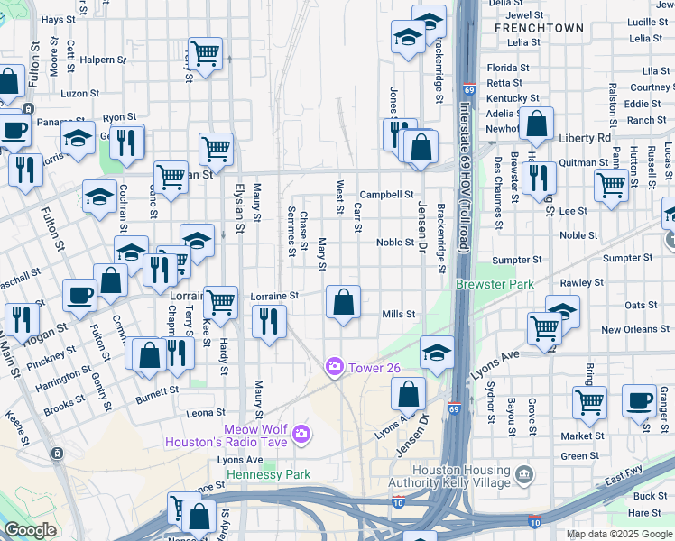 map of restaurants, bars, coffee shops, grocery stores, and more near 1921 West Street in Houston