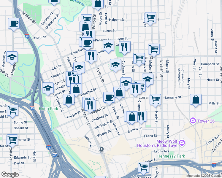map of restaurants, bars, coffee shops, grocery stores, and more near 1109 James in Houston