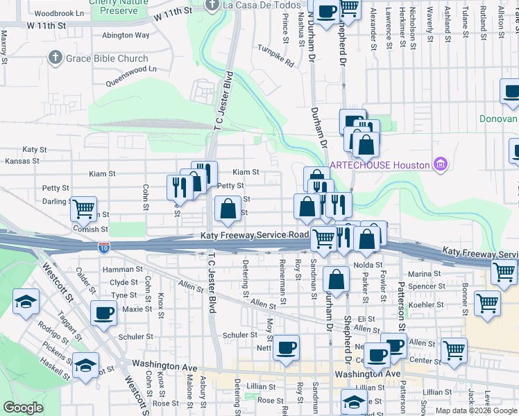 map of restaurants, bars, coffee shops, grocery stores, and more near 5230 Larkin Street in Houston