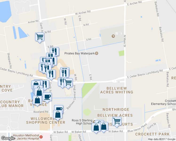 map of restaurants, bars, coffee shops, grocery stores, and more near 5103 East Road in Baytown