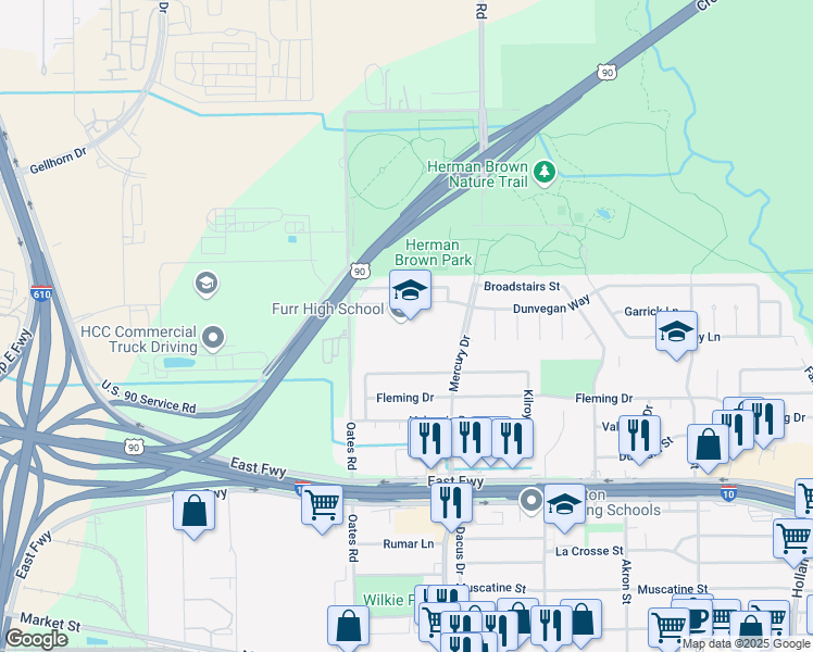 map of restaurants, bars, coffee shops, grocery stores, and more near 520 Mercury Drive in Houston