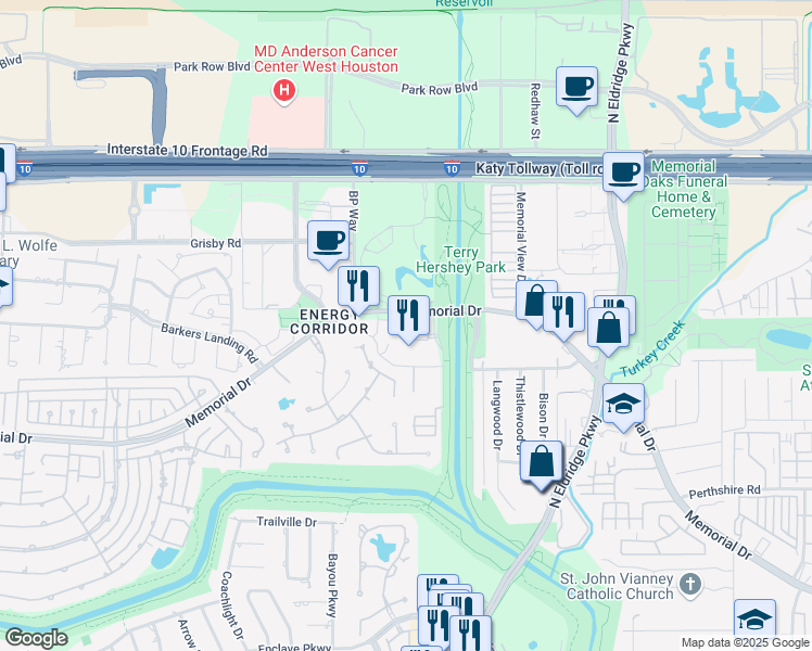 map of restaurants, bars, coffee shops, grocery stores, and more near 15375 Memorial Drive in Houston