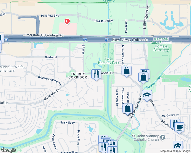 map of restaurants, bars, coffee shops, grocery stores, and more near 15375 Memorial Drive in Houston