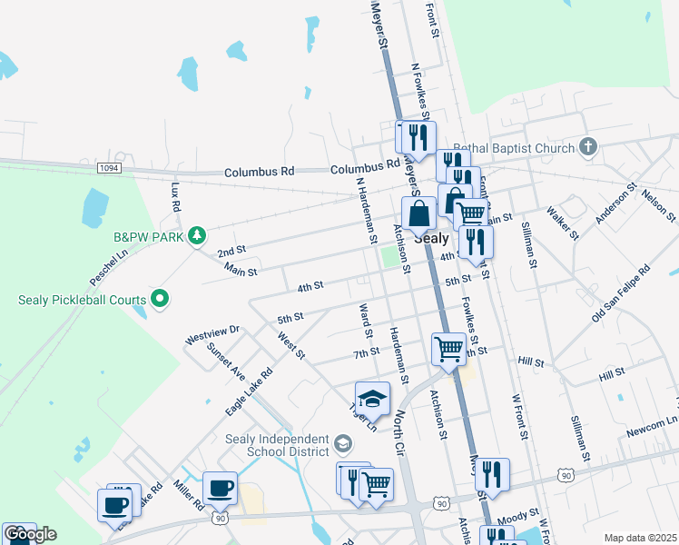 map of restaurants, bars, coffee shops, grocery stores, and more near 705 4th Street in Sealy