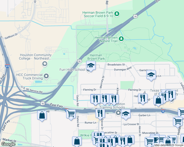 map of restaurants, bars, coffee shops, grocery stores, and more near 520 Mercury Drive in Houston