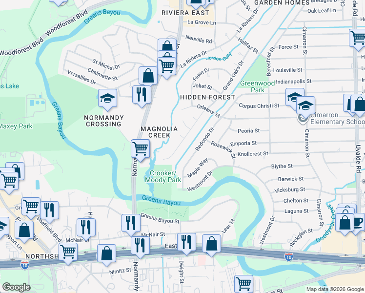 map of restaurants, bars, coffee shops, grocery stores, and more near 927 Grand Oaks Drive in Houston