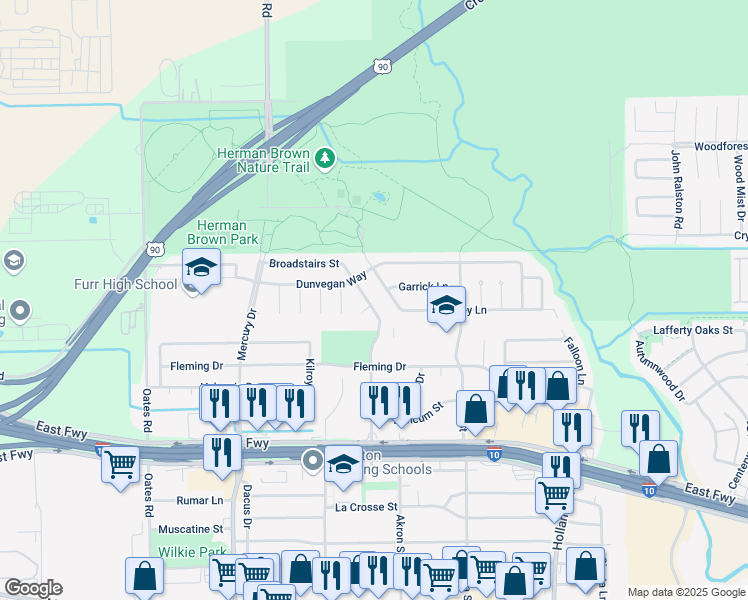 map of restaurants, bars, coffee shops, grocery stores, and more near 526 Rainy Meadow Lane in Houston