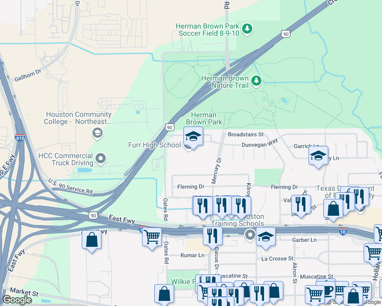 map of restaurants, bars, coffee shops, grocery stores, and more near 520 Mercury Drive in Houston