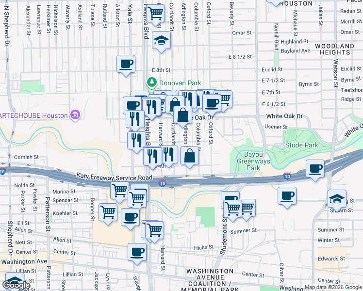 map of restaurants, bars, coffee shops, grocery stores, and more near 324 East 5th Street in Houston
