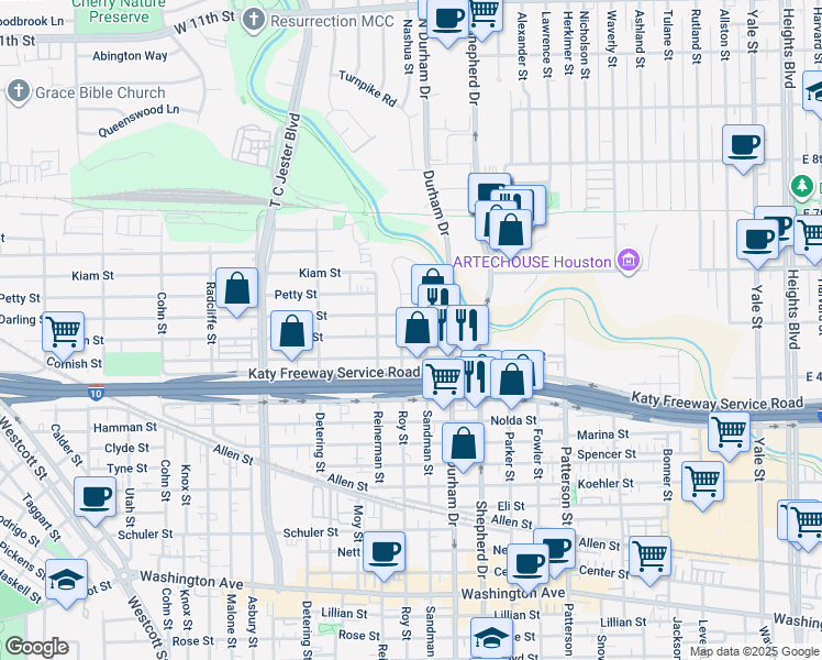 map of restaurants, bars, coffee shops, grocery stores, and more near 5001 Darling Street in Houston