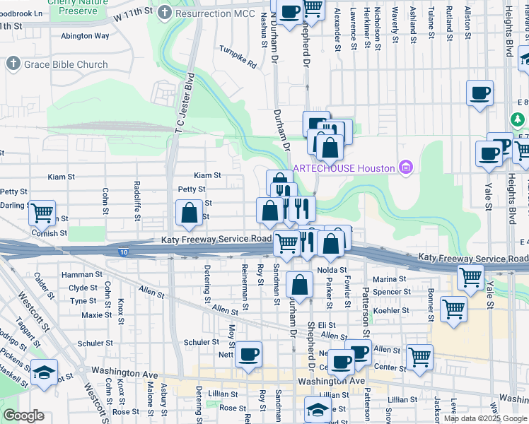 map of restaurants, bars, coffee shops, grocery stores, and more near 5001 Darling Street in Houston
