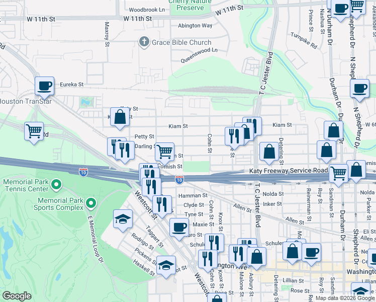 map of restaurants, bars, coffee shops, grocery stores, and more near in Houston