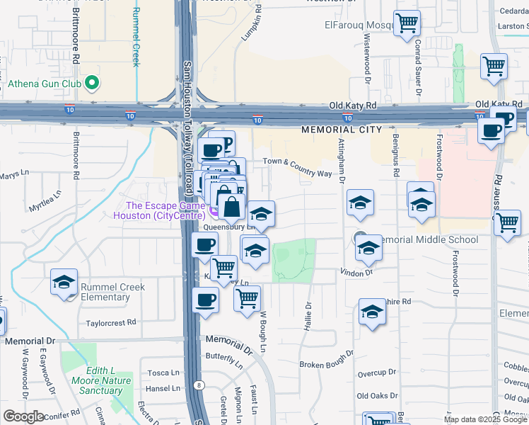 map of restaurants, bars, coffee shops, grocery stores, and more near 801 Town and Country Boulevard in Houston