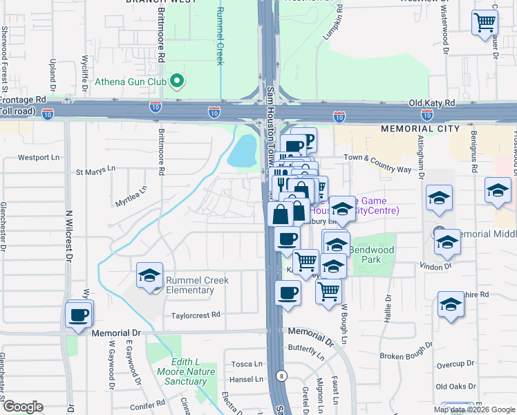 map of restaurants, bars, coffee shops, grocery stores, and more near 12901 Trail Hollow Drive in Houston