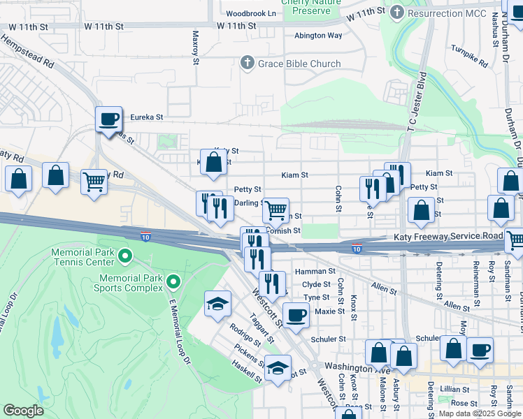 map of restaurants, bars, coffee shops, grocery stores, and more near 5805B Darling Street in Houston